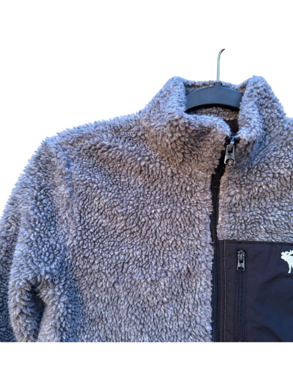 Abercrombie Kids Sherpa Fleece Zip Jacket 11 12 Boys Gray Pocket Moose Logo - Picture 2 of 7